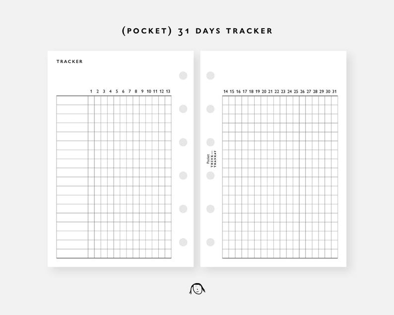 K&ouml;nnte beinhalten: Eine schwarz-wei&szlig;e druckbare Planerseite mit dem Text "(POCKET) 31 DAYS TRACKER" und "TRACKER". Die Seite ist in zwei Spalten unterteilt, jede mit einem Raster von 13 Zeilen und 31 Spalten. Die Zahlen 1 bis 31 sind oben auf jeder Spalte gedruckt.