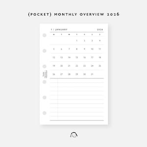 Puede incluir: Una página de planificador blanca minimalista con el texto "(POCKET) MONTHLY OVERVIEW 2026". La página presenta un calendario para enero de 2026, con fechas y espacio para notas. El diseño es simple y limpio.