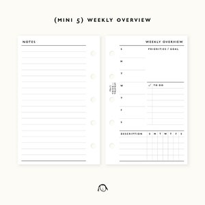 Op de afbeelding: Een wekelijkse plannerpagina met een notitiesectie aan de linkerkant en een wekelijkse overzichtssectie aan de rechterkant. De wekelijkse overzichtssectie bevat een ruimte voor prioriteiten of doelen, een to-dolijst en een dagelijks schema.