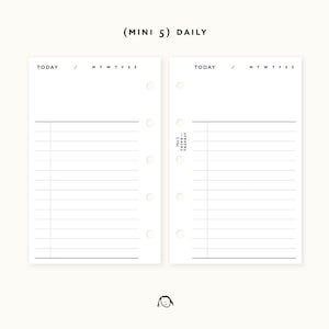 May include: Two blank daily planner pages for a mini 5 size planner. The pages have a header that says "TODAY" and a row of letters for the days of the week. The pages are lined for writing.