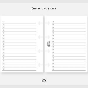 May include: A black and white checklist with a checkmark at the top and a list of circles with lines next to them. The text (HP MICRO) LIST is at the top of the page.