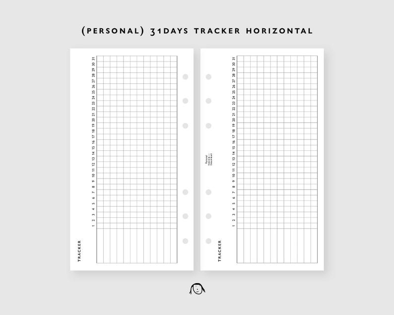 May include: A white planner insert with a grid for tracking daily activities. The text "(PERSONAL) 31 DAYS TRACKER HORIZONTAL" is at the top. The insert is designed for a personal-sized planner and includes space for 31 days of tracking.