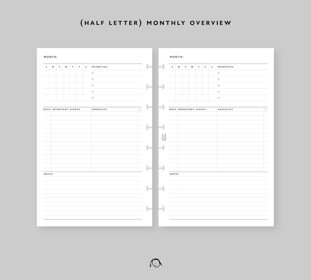 Half Letter Size Monthly Overview Printable Inserts - Etsy