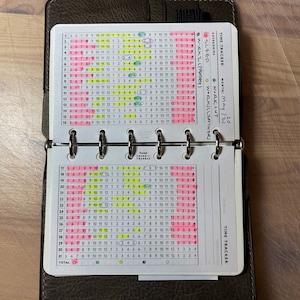 May include: A time tracker planner with a pink and green colour scheme. The planner is open to the month of May 2020. The planner has a grid with numbers 1 through 31, representing the days of the month. The planner has columns for different categories, including sleep, workout, and work/life/therapy. The planner has a section for tracking time spent in each category.