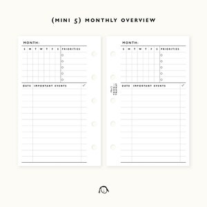 May include: A black and white monthly planner page with the text "(MINI 5) MONTHLY OVERVIEW" at the top. The page is divided into two sections, each with a calendar grid, a section for priorities, and a section for important events.
