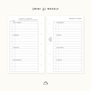 May include: A white planner insert with a weekly layout. The left side is labeled with days Monday through Wednesday, and the right side with Thursday through Sunday. The top reads "(MINI 5) WEEKLY" and "WEEKLY PLAN".