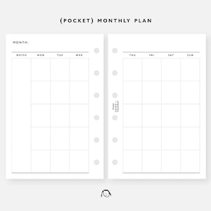 POCKET Size Monthly Plan no dated Printable Inserts / Agenda Printable / Ring binder Filofax Pocket refills