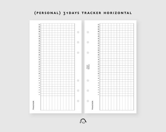 PERSONAL Size 31Days Tracker Horizontal Printable Inserts / Agenda Printable / Ring binder Filofax Personal refills / Digital file