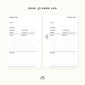 May include: A minimalist book log planner with a white background. The planner includes sections for title, author, genre, page, quotes, and review. The text "(MINI 5) BOOK LOG" is at the top.