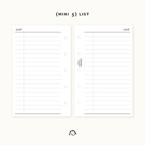 Puede incluir: Dos páginas en blanco con líneas para una agenda mini de 5 agujeros. Las páginas están etiquetadas con "LIST" en la parte superior.