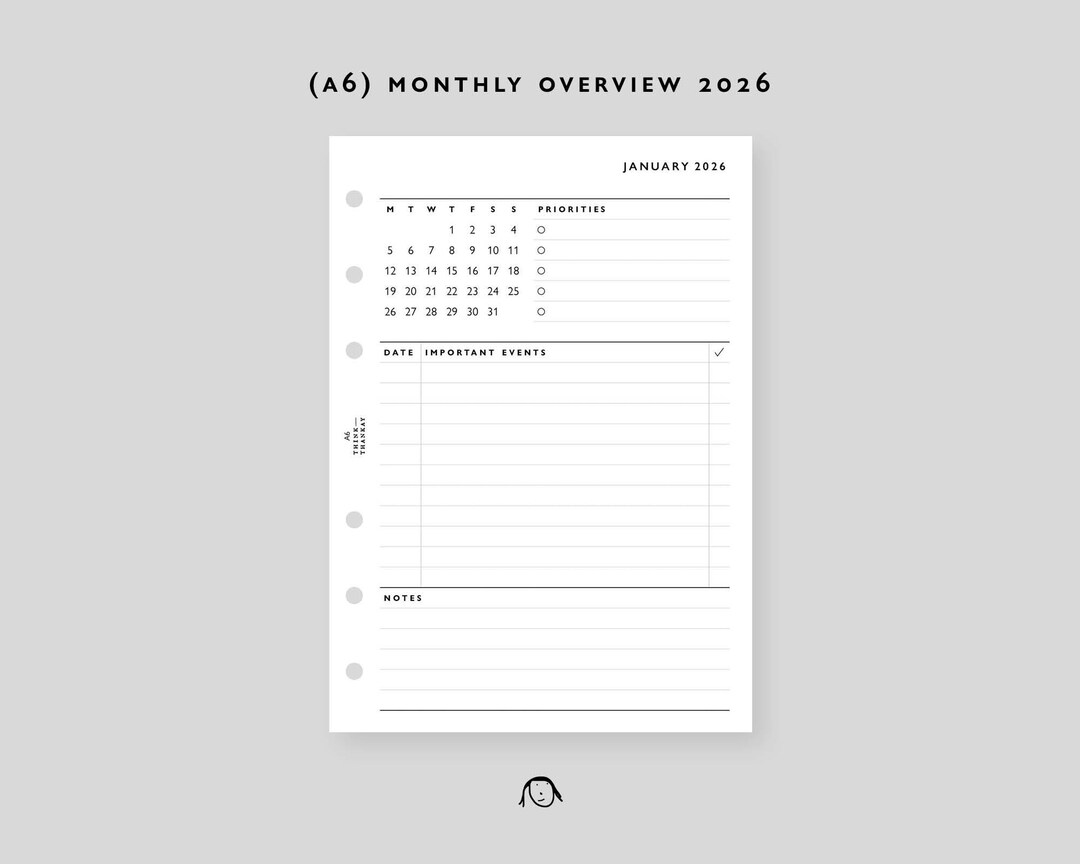 A6 Monthly Planner 2026 Printable Inserts: Ring Binder Refills (PDF ...