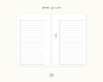 Mini 5 ring List Printable Inserts  / List Planner / Agenda Printable / Ring binder Filofax mini refills
