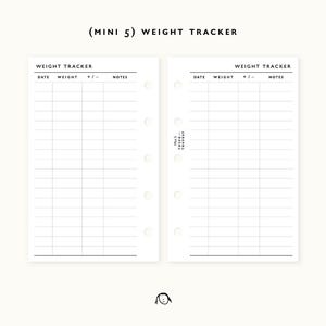 May include: Two-page spread of a weight tracker printable. The top of each page reads "WEIGHT TRACKER" with columns for date, weight, +/- and notes. The top of the image reads "(MINI 5) WEIGHT TRACKER".
