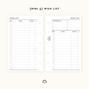 Mini 5 Ring Wunschliste druckbare Einsätze / Wunschliste Planer / Agenda druckbar / Ringbuch Filofax mini Refills