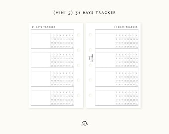 Mini 5 ring 31 Days Tracker Printable Inserts  / Habit Tracker / Agenda Printable / Ring binder Filofax mini refills