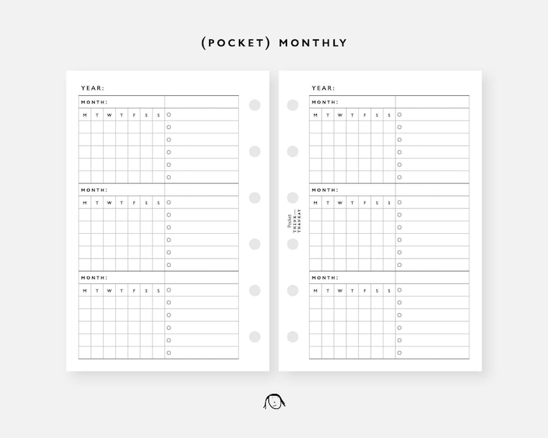 May include: A white planner insert with a monthly layout. The insert features sections for the year and month, with spaces for daily entries and check boxes. The text "(POCKET) MONTHLY" is at the top.