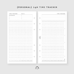 May include: A black and white 24-hour time tracker planner insert with the text "(PERSONAL) 24H TIME TRACKER" at the top. The planner pages have a grid layout for tracking time, with sections for categories and months. The pages are designed to be inserted into a planner.