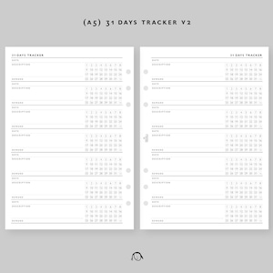 May include: A printable 31-day tracker with a calendar grid and space for daily entries, including date, description, and reward. The tracker is designed for A5 size paper.