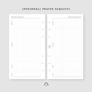 May include: Two blank pages with the text "(PERSONAL) PRAYER REQUESTS" at the top. Each page has a grid with the headings "Date", "Name", "Request", "Answered?", and "Prayer Partner's Initials".