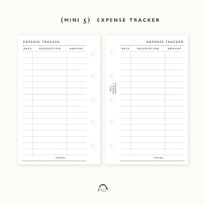 May include: Two white expense tracker pages with a minimalist design. Each page has columns for date, description, and amount. The text "EXPENSE TRACKER" is at the top of each page, with "TOTAL" at the bottom. The text "(MINI 5) EXPENSE TRACKER" is at the top.