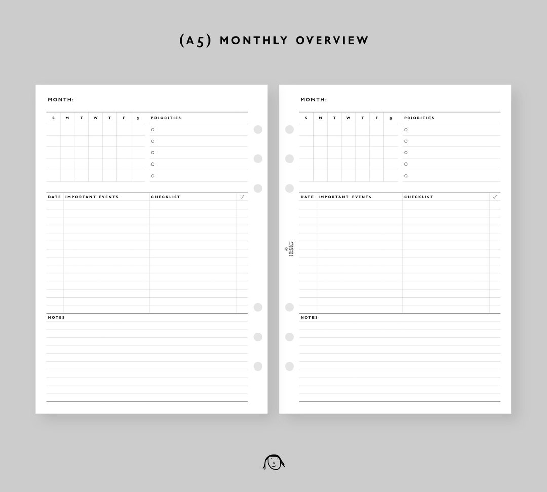 A5 Size Monthly Overview Printable Inserts - Etsy