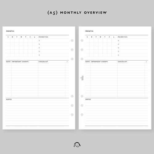 A5 Size Monthly Overview Printable Inserts - Etsy