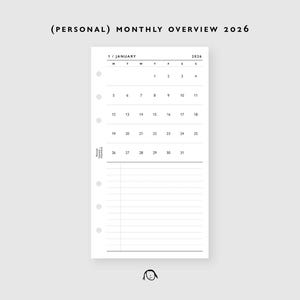 Op de afbeelding: Een witte plannerpagina met een maandelijks overzicht voor januari 2026. De pagina bevat een kalenderraster met data en een gelijnde sectie voor notities. De tekst "(PERSONAL) MONTHLY OVERVIEW 2026" staat bovenaan.