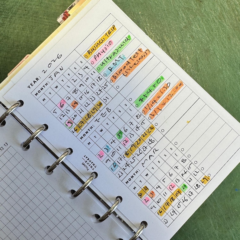 May include: Open planner page for 2026, featuring monthly calendars with handwritten notes. The January calendar is highlighted with colorful markers, including notes for 'Business Trip' and 'Ultrasound'. The planner is bound with silver rings.