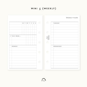 May include: A black and white printable planner page for a mini 5 size planner. The page is divided into sections for each day of the week, with space for writing tasks and notes. The page also includes a section for "This Week..." with a checkbox.