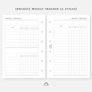 Peut inclure: Deux pages d'un suivi hebdomadaire, avec le texte "(POCKET) WEEKLY TRACKER (2 STYLES)". Chaque page comporte une grille pour lister les tâches et suivre les progrès quotidiens, avec des colonnes pour chaque jour de la semaine.