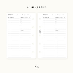Mini 5 Daily Printable Inserts / Daily Planner / Agenda Printable / Ring binder Filofax mini refills