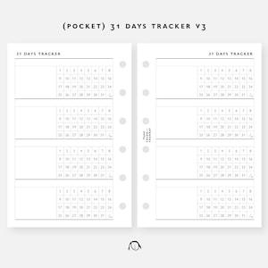 May include: A black and white printable planner page with the text "(POCKET) 31 DAYS TRACKER V3" at the top. The page is divided into four sections, each with a 31-day calendar grid.
