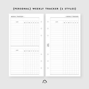May include: Two white weekly tracker inserts with a grid layout for planning. The top of the inserts read "(PERSONAL) WEEKLY TRACKER (2 STYLES)". Each insert has a section for a list and a grid for the days of the week.
