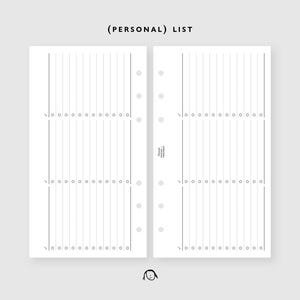 May include: Two white planner pages with the text (PERSONAL) LIST at the top. Each page features three vertical sections with lined columns and small circular checkboxes. The right page includes the text Personal Trend Journal in small print.
