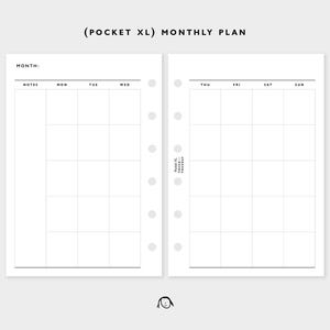 Puede incluir: Un inserto de planificador mensual blanco con un diseño de cuadrícula para la programación diaria. La parte superior de la página tiene el texto "(POCKET XL) MONTHLY PLAN" y "MONTH:". El planificador tiene agujeros perforados para encuadernar.