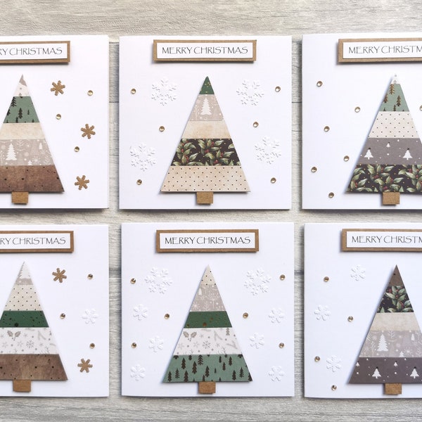 Pack of 6 Handmade Rustic Christmas Cards, Pack of Christmas Cards with Rustic Christmas Trees, Rustic Style Christmas Cards