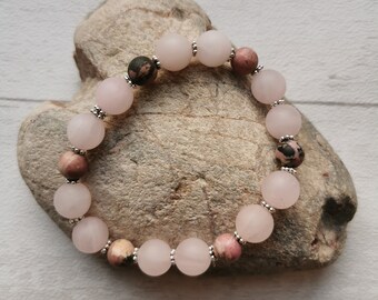 Handmade Frosted Natural Rose Quartz and Rhodonite Stretchy Round Bead Bracelet, Made to Order Bracelet, Gifts for Her, Gemstone Bracelet