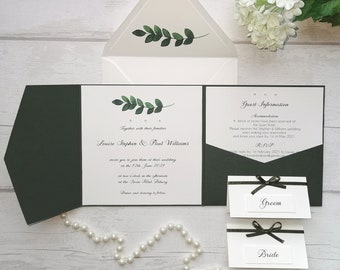 Pocketfold Wedding Invitation, Pocketfold Invite, Eucalyptus Wedding Invite Set, Rustic Green Wedding Invitations