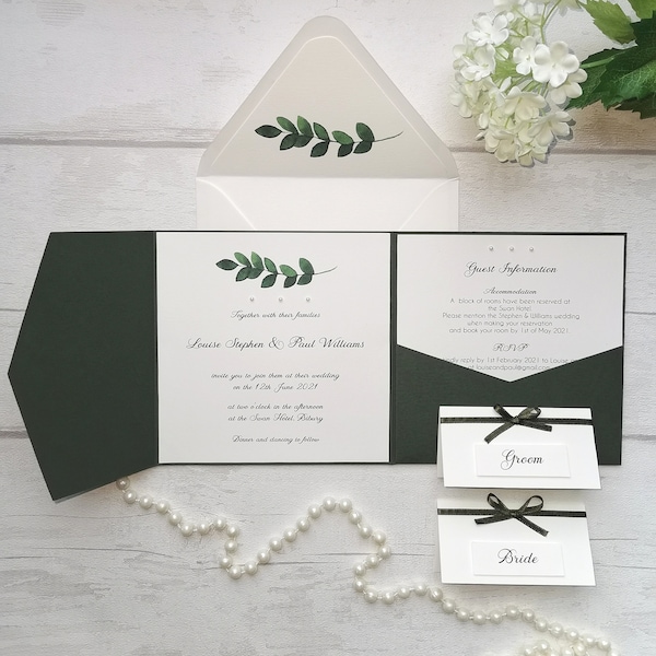 Pocketfold Wedding Invitation, Pocketfold Invite, Eucalyptus Wedding Invite Set, Rustic Green Wedding Invitations