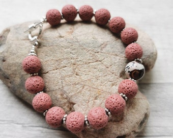 Handmade Bracelet with Natural Beads, Bracelet with Lava Beads and Brown/Grey Coffee Bean Jasper, Bracelet with Toggle Clasp, Made to order