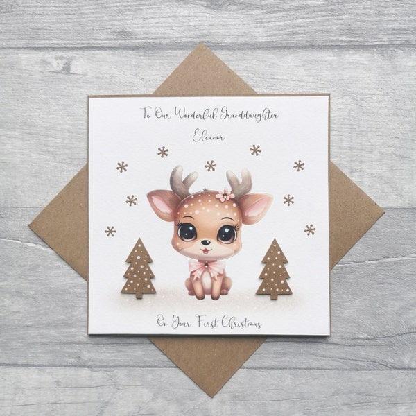 Personalised 1st Christmas Card for Granddaughter, Daughter, Niece, Cute Reindeer Christmas Card, Baby Girl Christmas Card