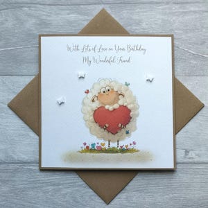 Gepersonaliseerde verjaardagskaart met schaap voor speciale vriend, moeder, dochter, grootmoeder, verjaardagskaart met schaap met hart