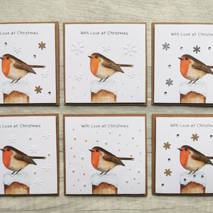 Pack van 4 x 4" 6 kerstkaarten met Robin, handgemaakte kerstkaarten met Robin, Robin Cards, Robin kerstkaarten, kerstkaart Pack
