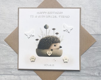 Personalised Happy Birthday Card with a Cute Hedgehog, Handmade Hedgehog Birthday Card, Unique Birthday Cards, Personalised Birthday Cards