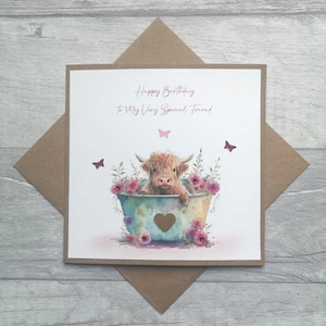 Gepersonaliseerde verjaardagskaart met een Highland Cow, verjaardagskaart voor vriend, moeder, zus, gepersonaliseerde verjaardagskaart voor haar, Highland Cow