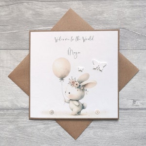 Nueva tarjeta de niña, tarjeta personalizada de niña, tarjeta de bienvenida al mundo hecha a mano, tarjeta de niña con conejito lindo, tarjeta de primer cumpleaños