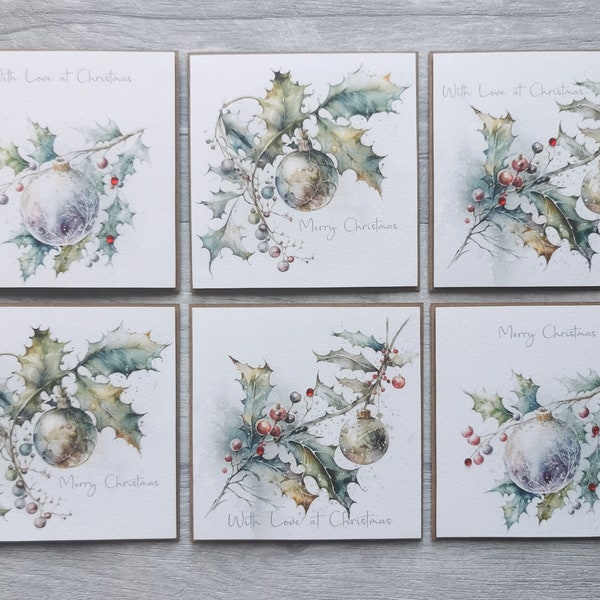 Pack of 6 4x4" Handmade Holly Christmas Cards, Pack of Small Christmas Cards, Holly Christmas Cards, Handmade Christmas Cards