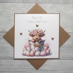 Tarjeta de Pascua personalizada con una vaca de las Tierras Altas, linda tarjeta de Pascua con una vaca de las Tierras Altas, tarjeta de Pascua con una vaca de las Tierras Altas para la mejor amiga, mamá, abuela