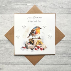 Tarjeta de Navidad hecha a mano para mamá, tarjeta de petirrojo navideño para mamá, tarjetas con petirrojos, tarjeta de Navidad para ella, tarjetas de Navidad personalizadas