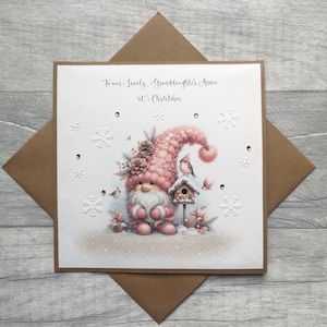 Biglietto di Natale personalizzato fatto a mano con un simpatico gnomo rosa per figlia, nipote, nipote, 1° biglietto di Natale con uno gnomo